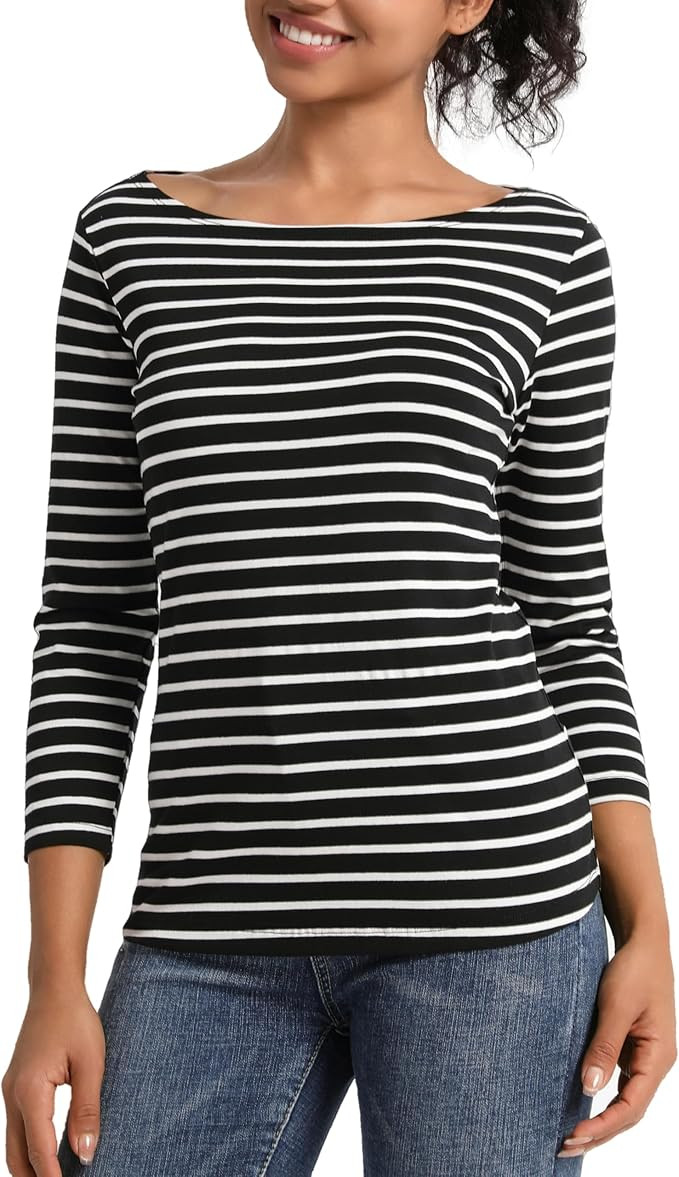 Women's Slim Fit 3/4 Sleeve Boat Neck Striped T-Shirt | Amazon (US)