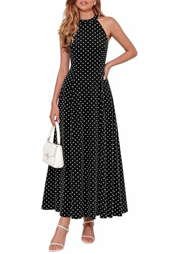 PRETTYGARDEN Summer Halter Dresses for Women 2026 Vacation Outfits Sleeveless Polka Dot Sundress Wedding Guest Maxi Dress(Dot Black White,Medium) | Amazon (US)