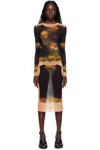 Black & Orange 'The Fleurs Petit Grand' Midi Dress | SSENSE