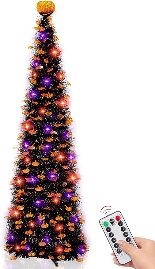 TURNMEON 5Ft Black Tinsel Halloween Tree with 50LED Orange Purple Lights Timer 8 Modes Remote Con... | Amazon (US)