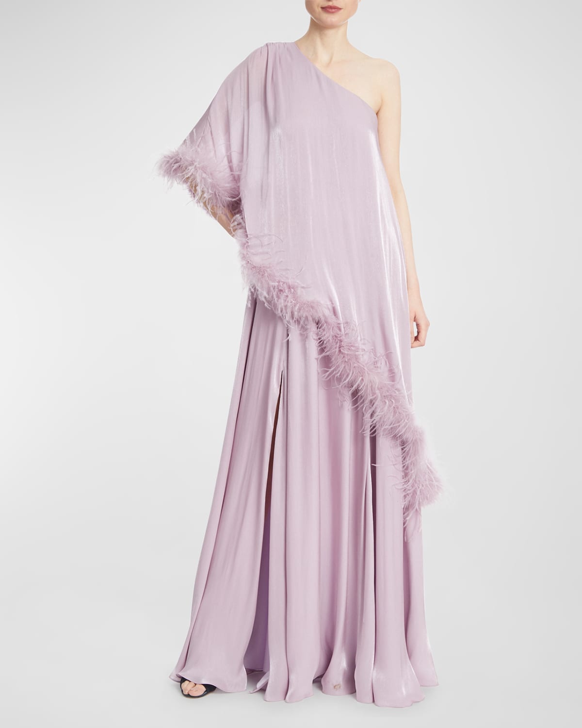 One-Shoulder Feather-Trim Chiffon Gown | Neiman Marcus