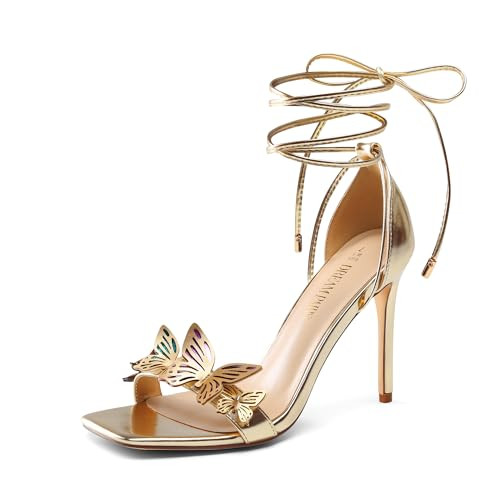 DREAM PAIRS Lace Up High Heels Stilletos for Women, Strappy Gladiator Open Square Toe Dressy Wedding Bridal Pumps Sandals, Size 6, GOLD-PU, SDHS2403W | Amazon (US)