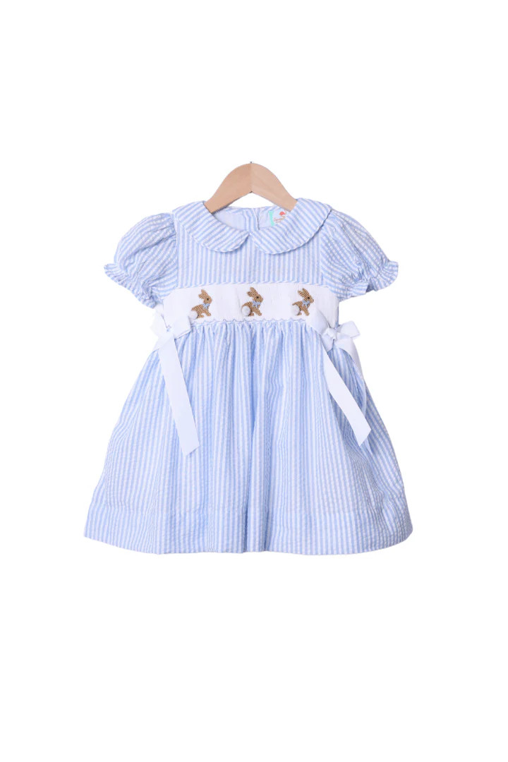 Smocked Bunny Blue Seersucker Bow Dress | The Smocked Flamingo