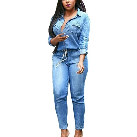Women s Denim Jumpsuits Long Sleeve Shirts Jeans Pants Jumpsuits Casual Cowboy Overalls Romper | Walmart (US)