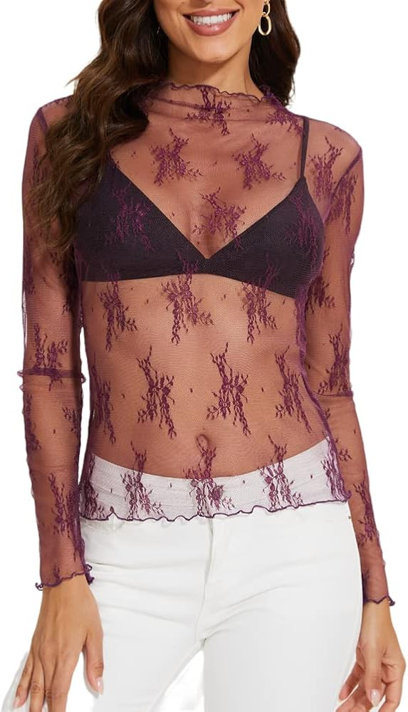 Mesh Long Sleeve Layering Top for Women Mock Neck Floral Embroidery Sheer See Through Tee Shirt B... | Amazon (US)