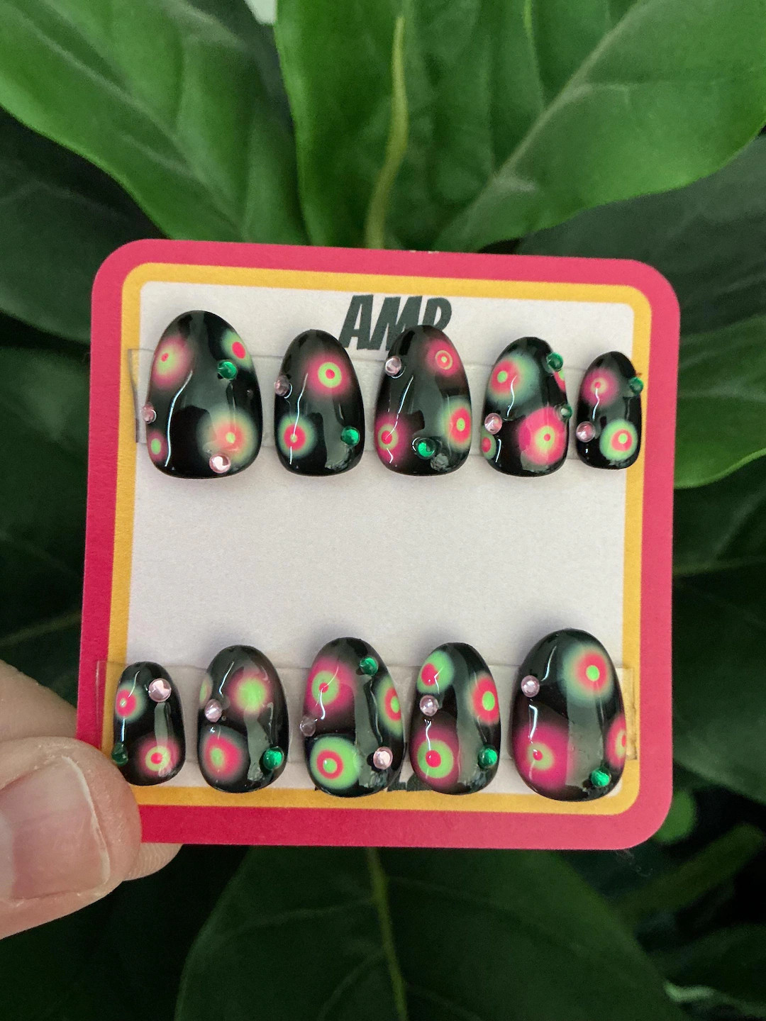 Hand painted pink and green aura nails, y2k press on nails,mismatched nails, pink nails, summer n... | Etsy (US)