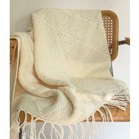 White Hand Crochet Throw Blanket Afghan Handmade Knit Vintage Natural Cream Diamond Weave Fringe Edg | Etsy (US)