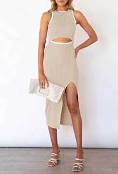 Pink Queen Women's Crew Neck Sleeveless Cutout Side Slit Knee Length Bodycon Midi Dress | Amazon (US)