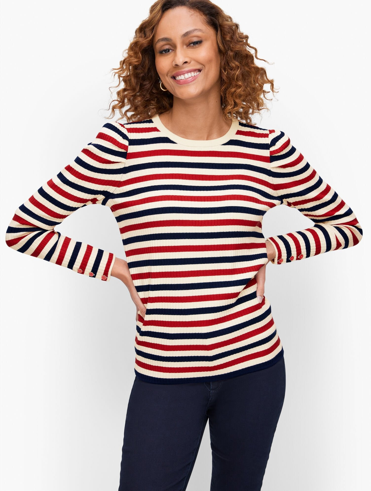 Puff Sleeve Crewneck Pullover - French Stripe | Talbots