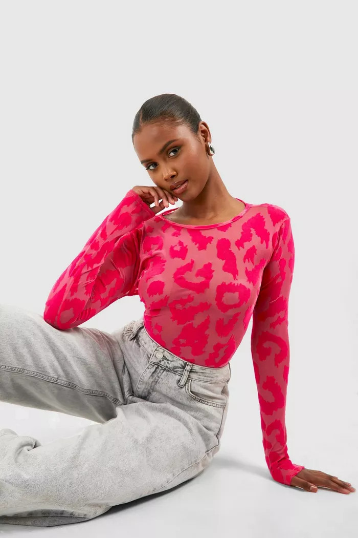 Flocked Leopard Jean Grazer Top | Boohoo.com (UK & IE)