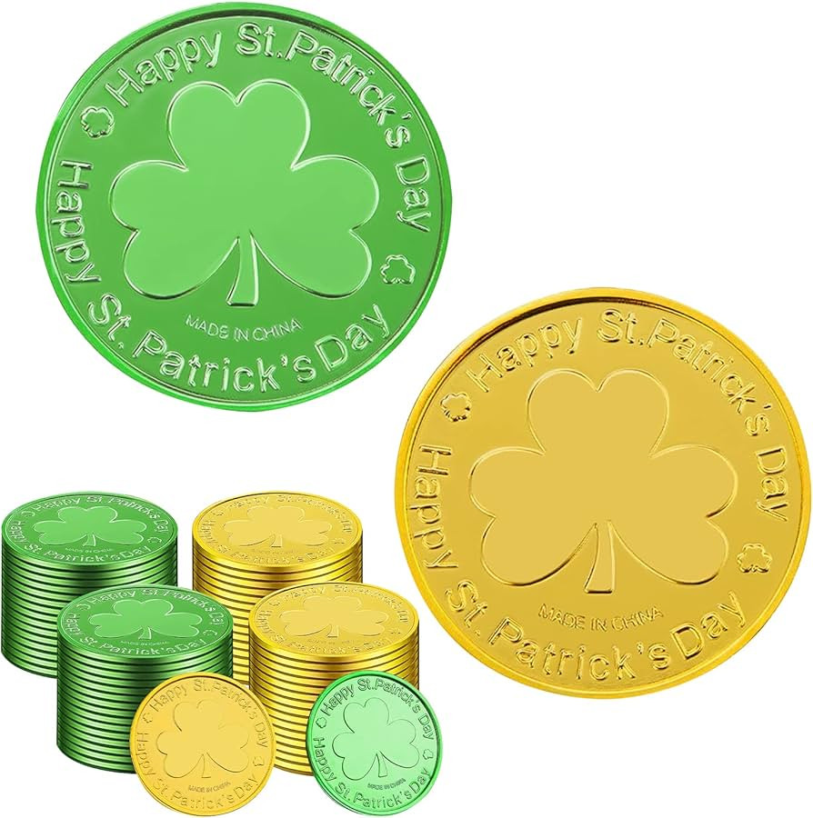 SpinLaLa St. Patrick's Day Gold Coins - 100 Pieces Gold Green Lucky Coins Plastic Shamrock Leprec... | Amazon (US)