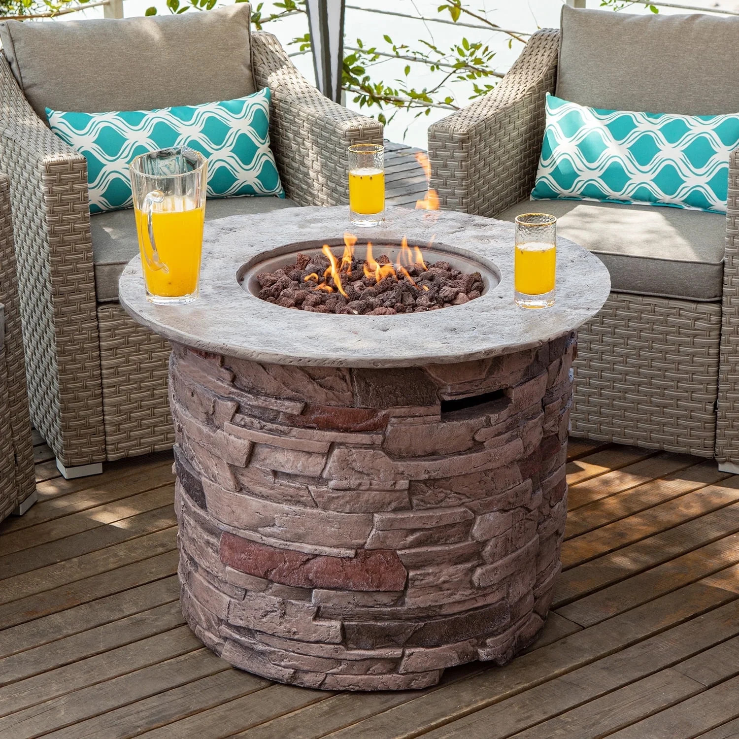 COSIEST Outdoor Propane 32-inch Round Fire Pit Table with Imitation Stone Surface - Walmart.com | Walmart (US)