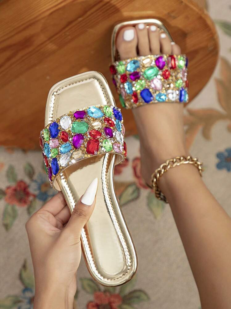 Women Gold Rhinestone Slippers Fashionable Outdoor Flat Sandals New Casual Beach Shoes Soft Comfo... | SHEIN