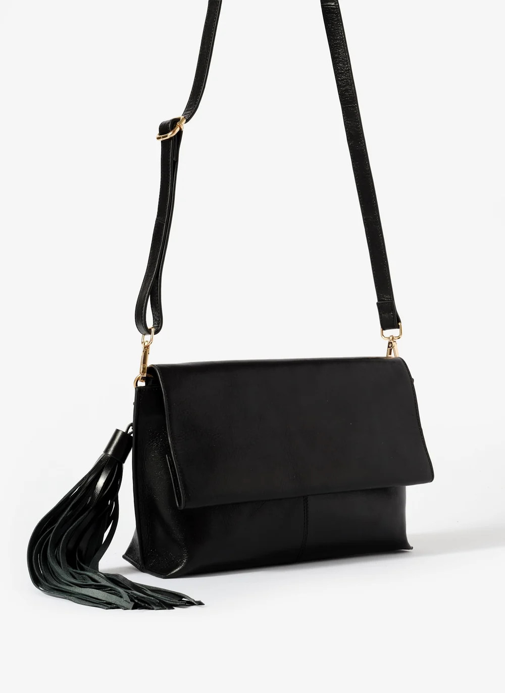 Daisy Black Leather Fold Over Tassel Clutch | Mint Velvet - ROW
