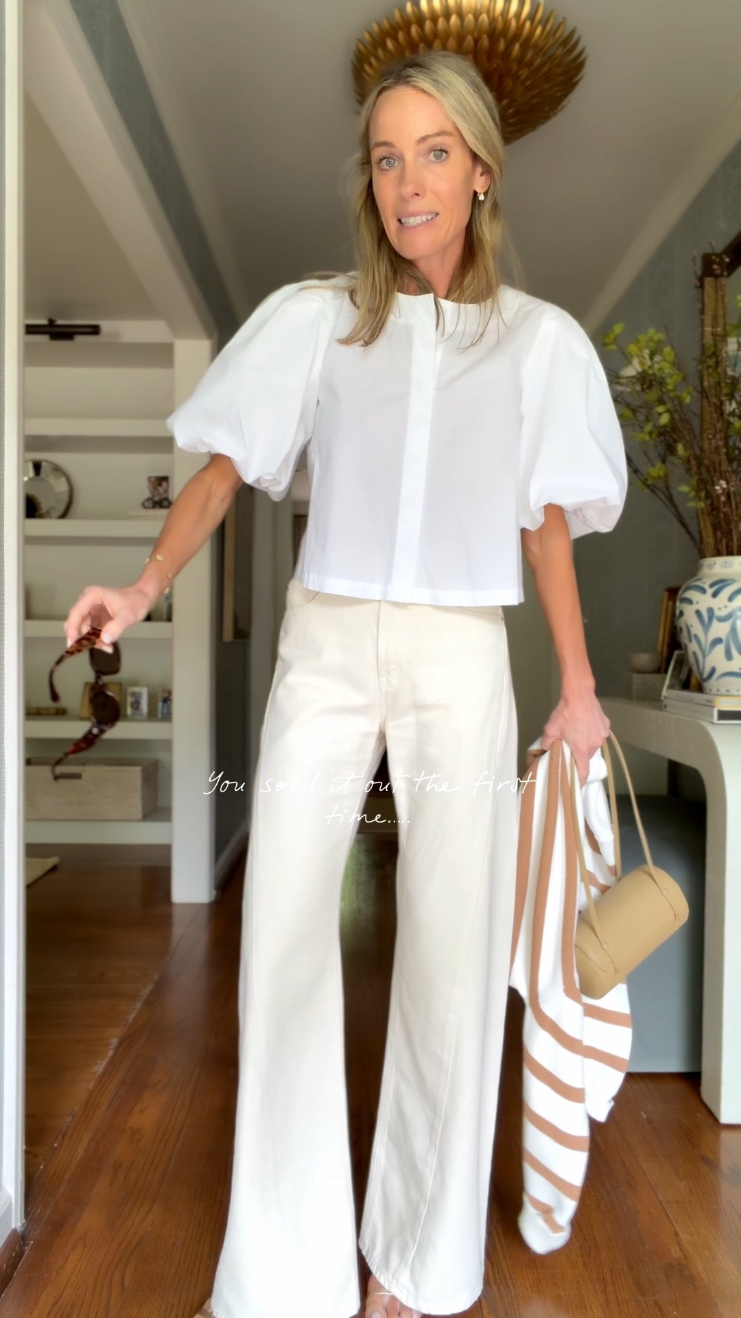 Small top!!!
25 jeans!! Size down one :) 
Large Walmart sweater for slouch!! 