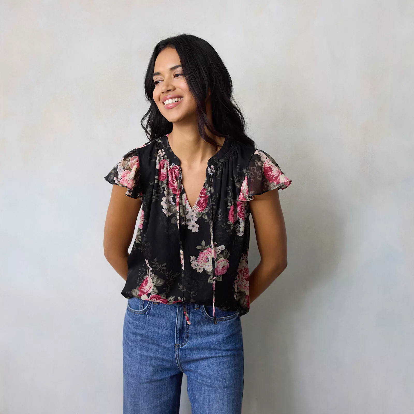 Petite LC Lauren Conrad Tie Front Ruffle V-Neck Blouse | Kohl's