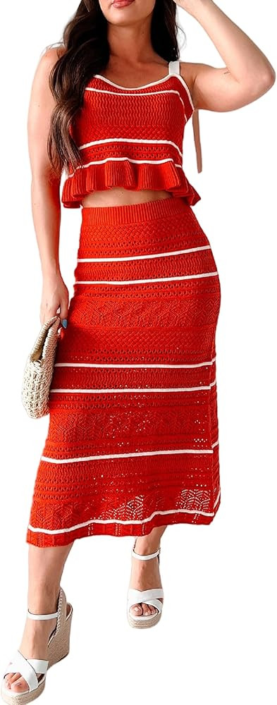 Seyumixi Women Crochet Knit 2 Piece Vacation Outfits Sleeveless Striped Tie Shoulder Tank Top Bod... | Amazon (US)