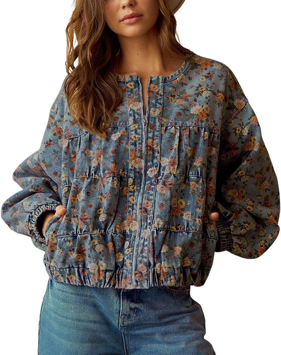 chouyatou Women Fall Oversized Floral Jean Jacket Trendy Zip Denim Jacket | Amazon (US)