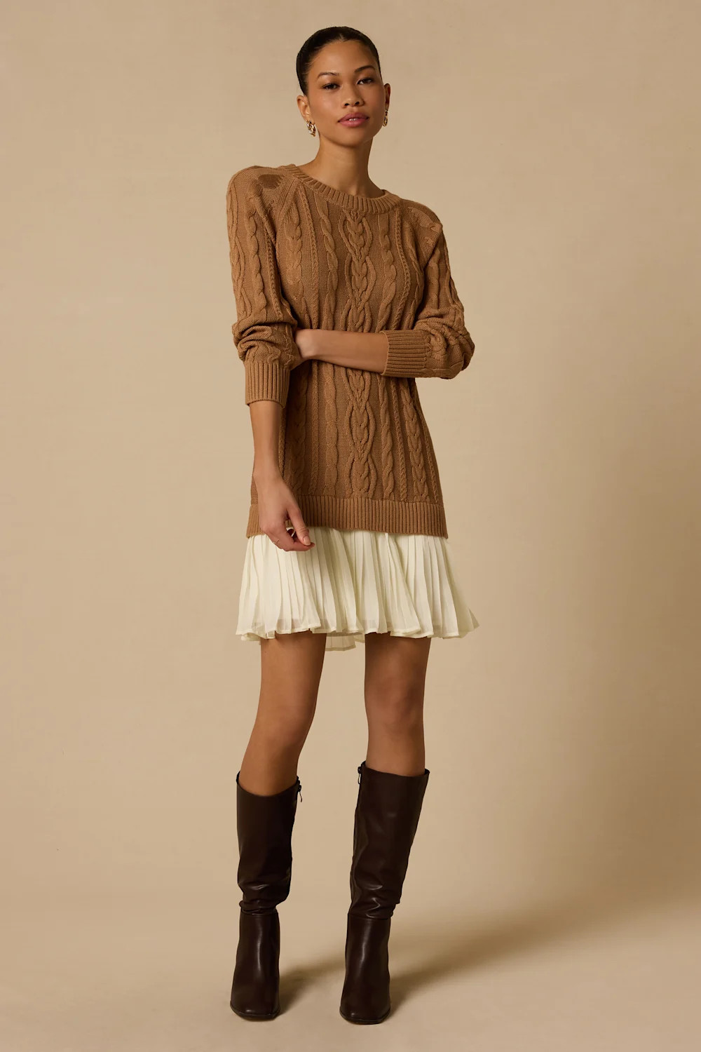Alvie Light Brown Cable Knit Drop Waist Sweater Dress | Lulus