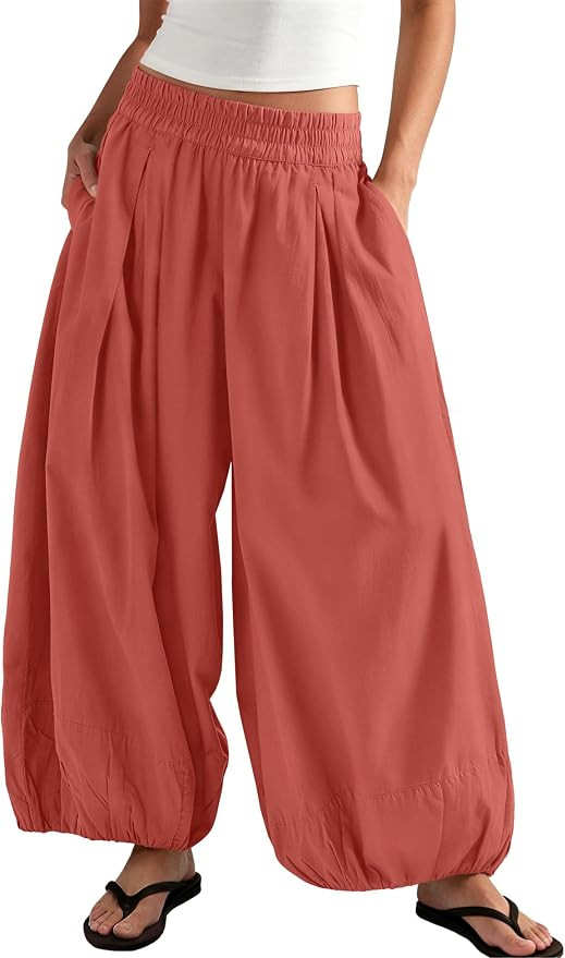ReachMe Womens Elastic High Waist Wide Leg Barrel Pants Flowy Baggy Balloon Trousers Summer Beach... | Amazon (US)