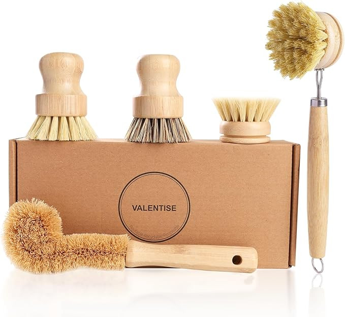 Bamboo Dish Brush Set - 5 Packs Natural Wooden Kitchen Brush, 4 Dish Scrubbers with One Replaceme... | Amazon (US)