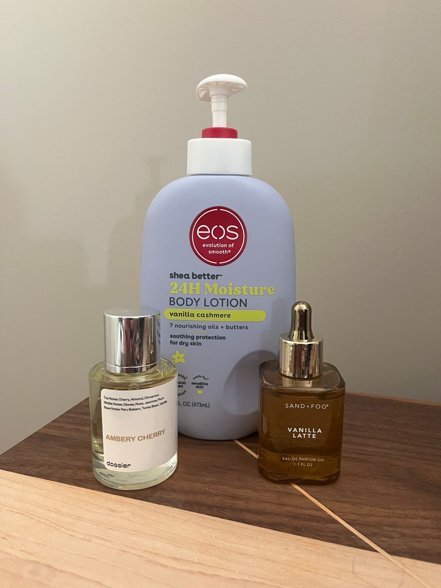 My favorite fall scents this season! The eos vanilla cashmere lotion smells so good and feels amazing on the skin. The dossier Amberley cherry perfume smells really good and a little goes a long way the same as true of the sand and fog vanilla latte perfume oil I use one drop and that’s enough. This bottle is gonna last me forever! 

#LTKBeauty #LTKSeasonal