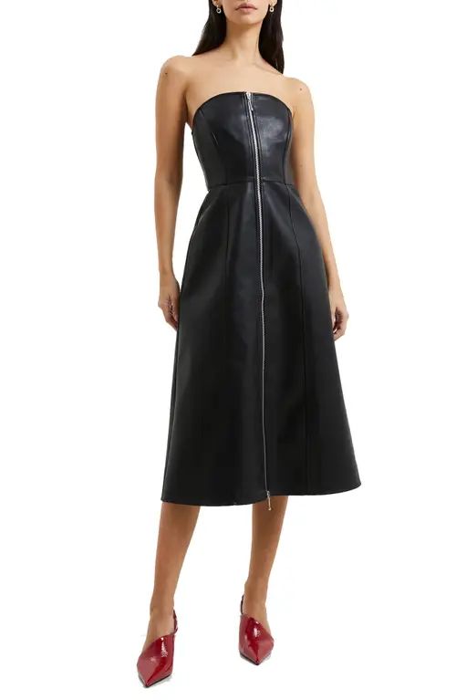French Connection Claudia Faux Leather Zip Front Strapless Dress in Blackout at Nordstrom, Size 4 | Nordstrom