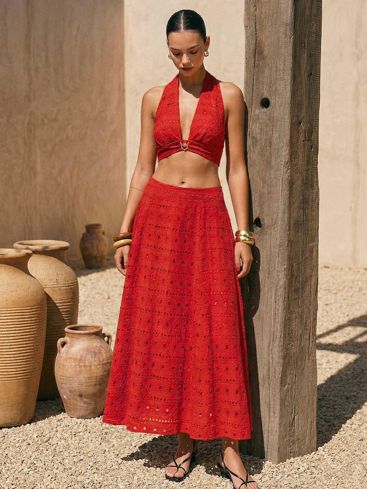 Eyelet Halter Crop Top & Maxi Skirt Set | Commense
