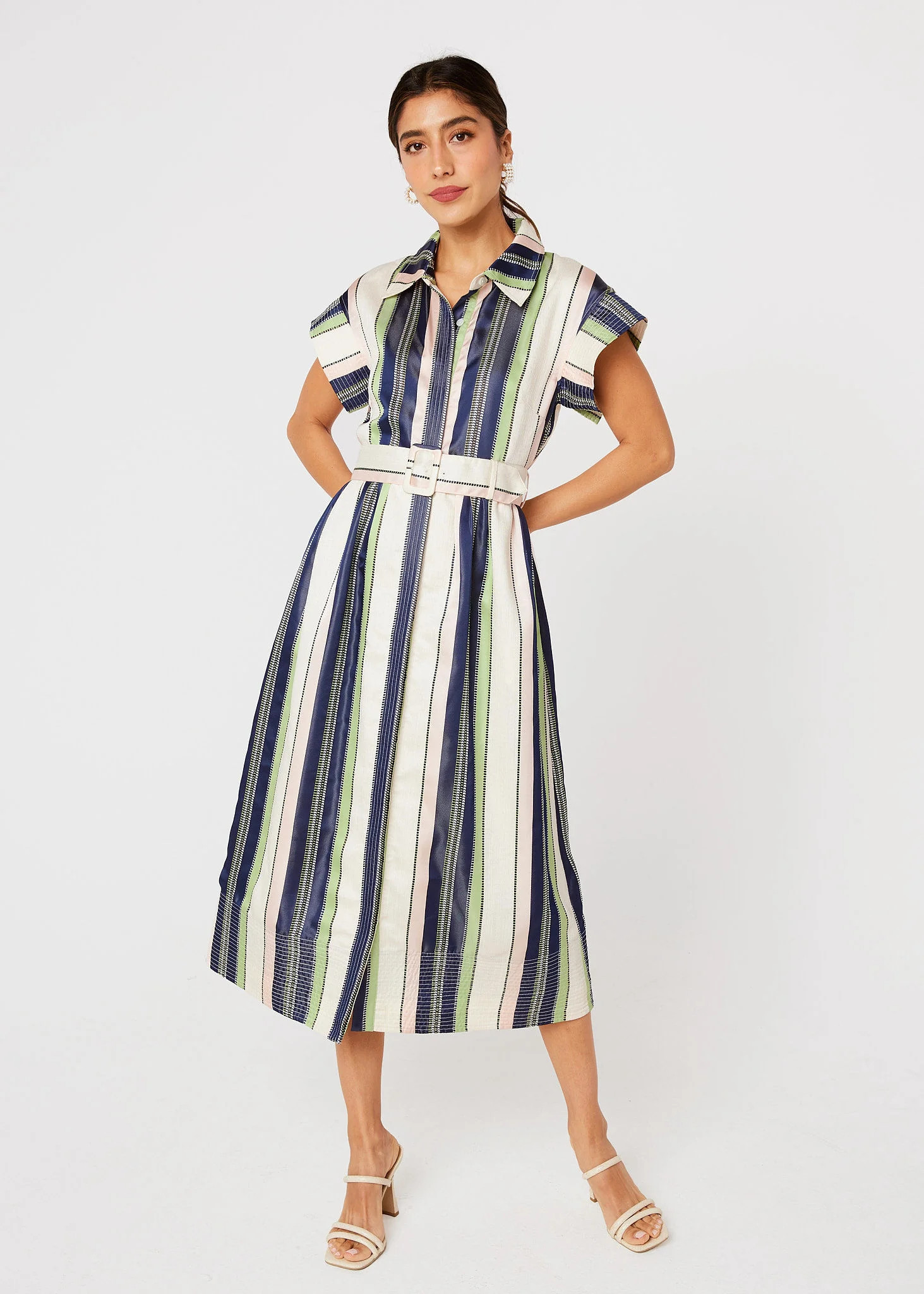 Harper Dress Navy Coastal Stripe Jacquard | Abbey Glass