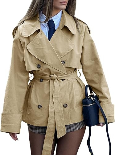 Lingswallow Cropped Trench Coat for Women Double Breasted Lapel with Belt | Raglan Sleeve,Fall Fa... | Amazon (US)