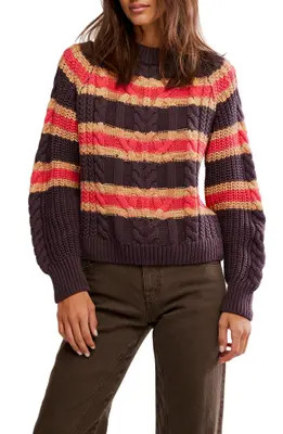 Free People Frankie Stripe Cable Stitch Cotton Sweater in Ivory Combo at Nordstrom, Size Small | Nordstrom