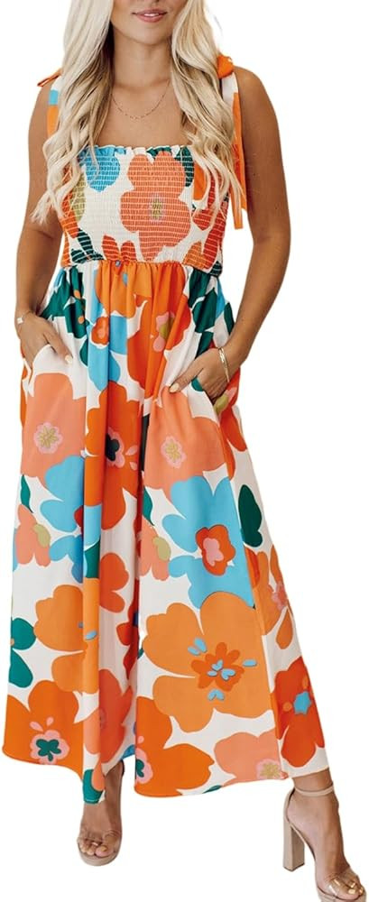 Women's Orange Floral Self Tied Straps Smocked Bust Maxi Dress Casual Squarecollar Long Dresses f... | Amazon (US)
