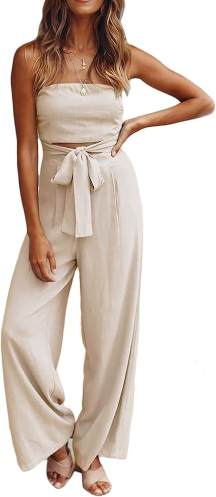 loveimgs Women's Strapless Bandeau Tube Wide Leg Jumpsuit One Piece Cutout Tie Knot Romper Outfit | Amazon (US)