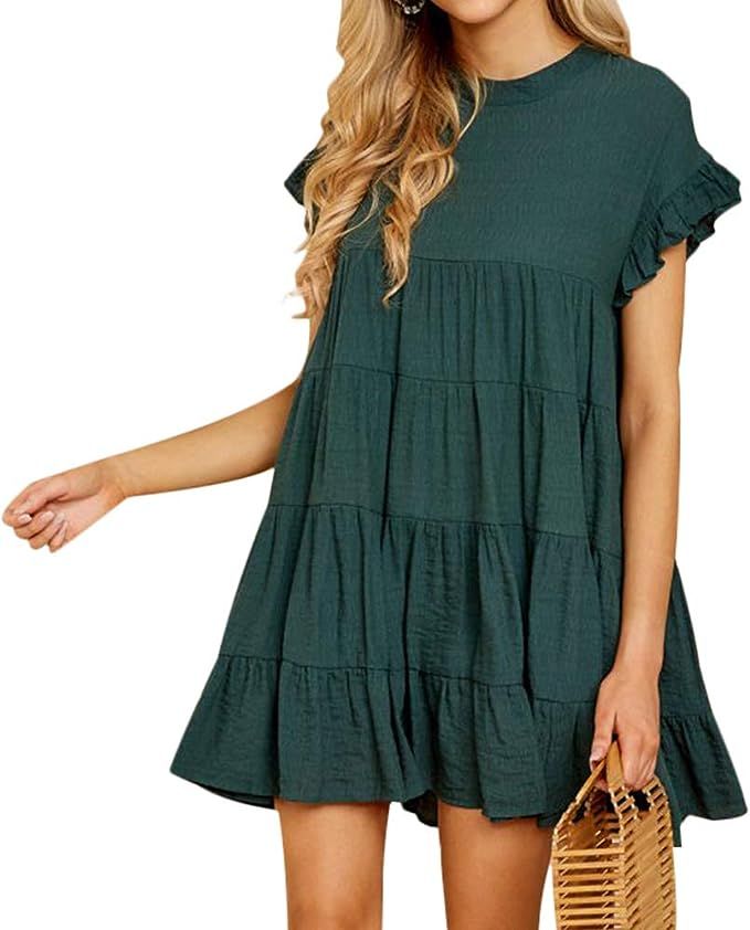 Joteisy Women’s Summer Ruffle Sleeve Round Neck Loose Fit Casual Swing Short Mini Dress | Amazon (US)