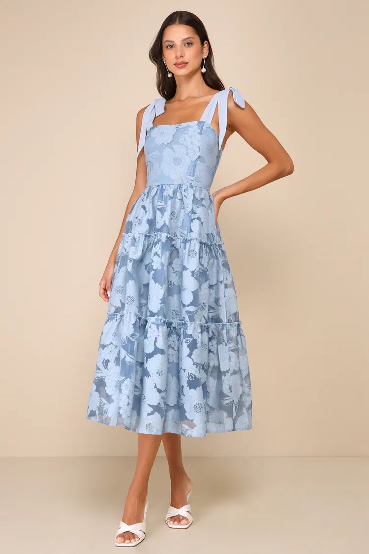 Proof of Perfection Blue Floral Tiered Tie-Strap Midi Dress | Lulus