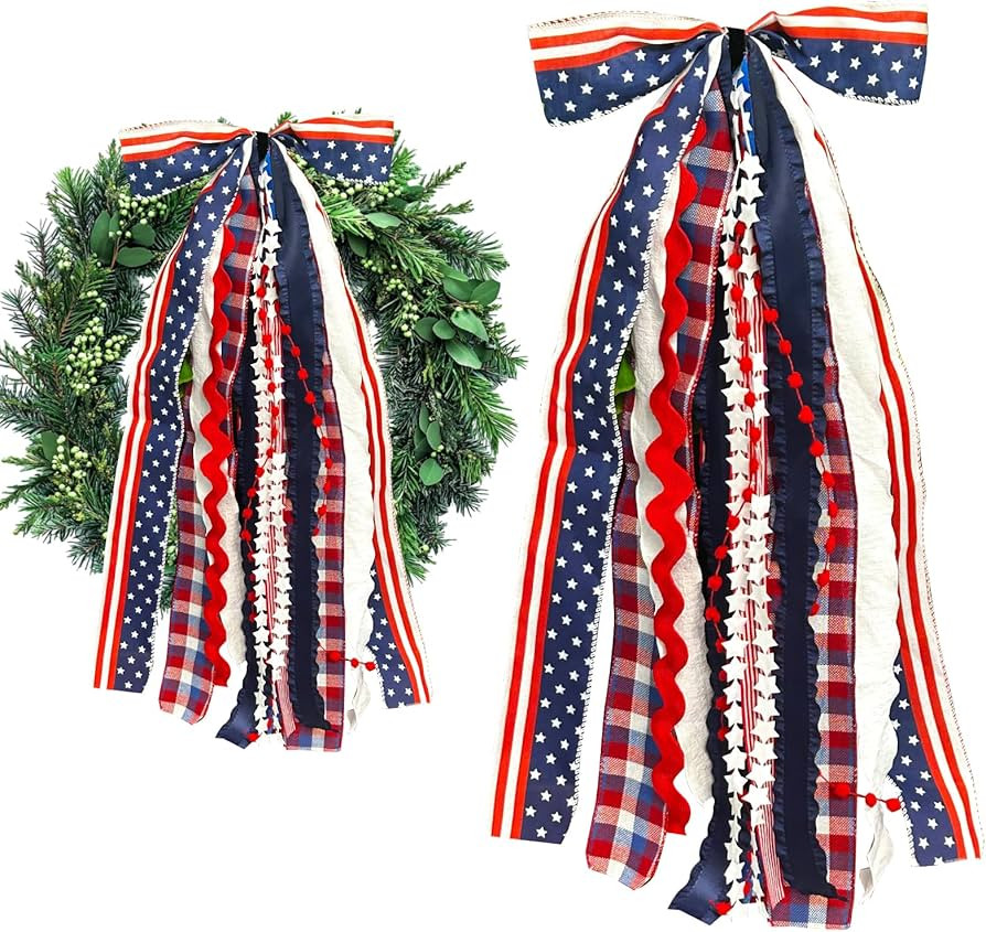 Large Patriotic Star Ribbon Bow for Wreath, Red White Buffalo Plaid Fabric Ribbons Set Assorted L... | Amazon (US)