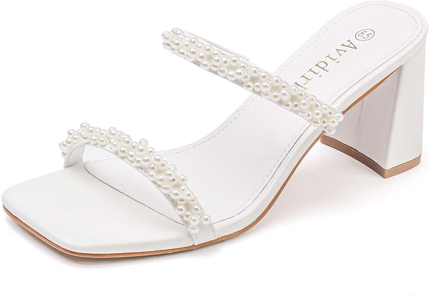 Women's Square Open Toe Heeled Sandals Two Strap Mules Slip On Block Chunky Mid Heels Sandals | Amazon (US)