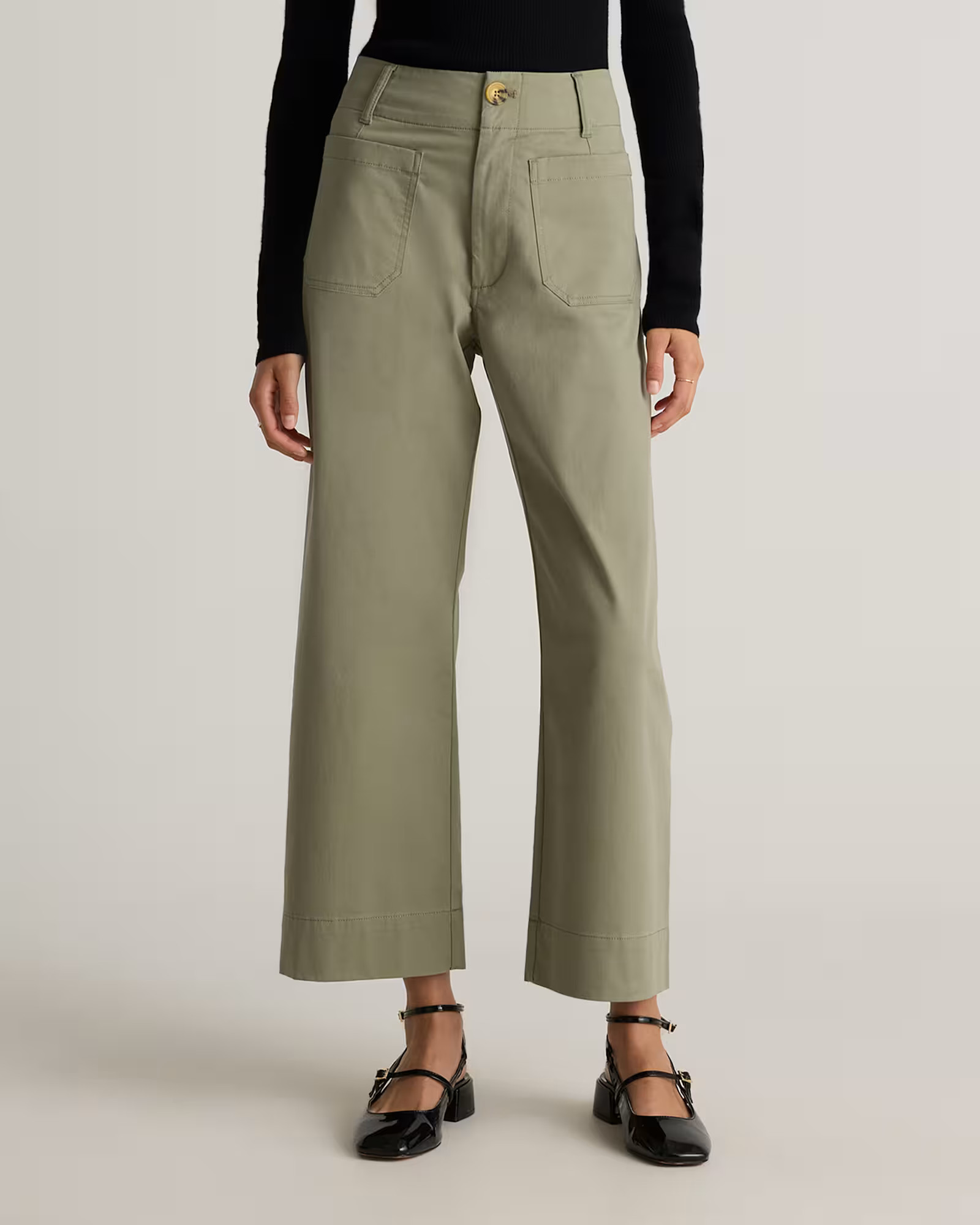 Organic Stretch Cotton Chino Cropped Wide Leg Pants in Olive | Quince