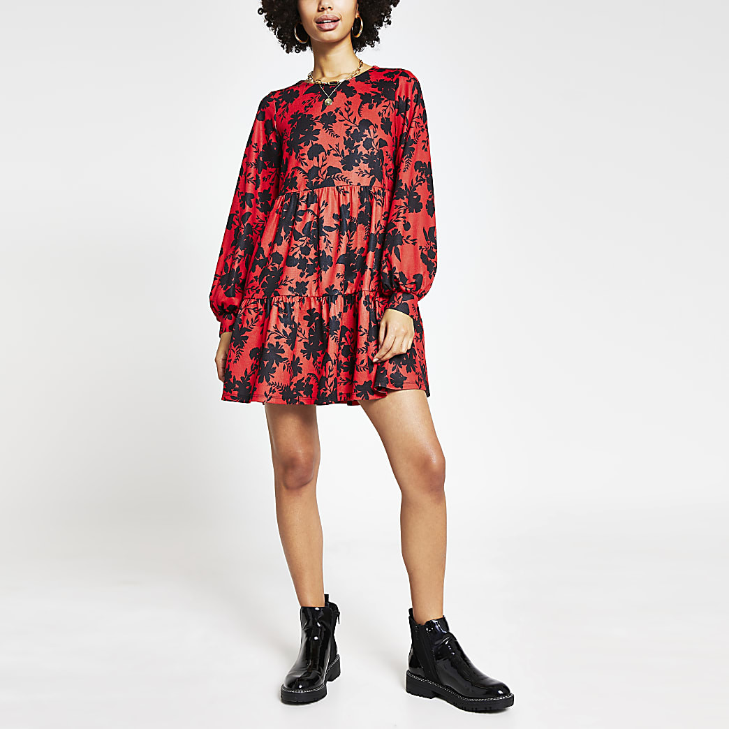Red long sleeve floral smock dress | River Island (UK & IE)