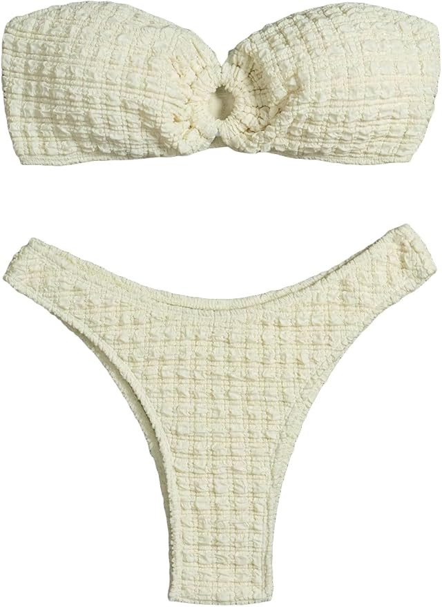 WDIRARA Women's Strapless Bandeau Smocked 2 Piece Swimsuit Floral Print O Ring Cheeky Bottom Biki... | Amazon (US)