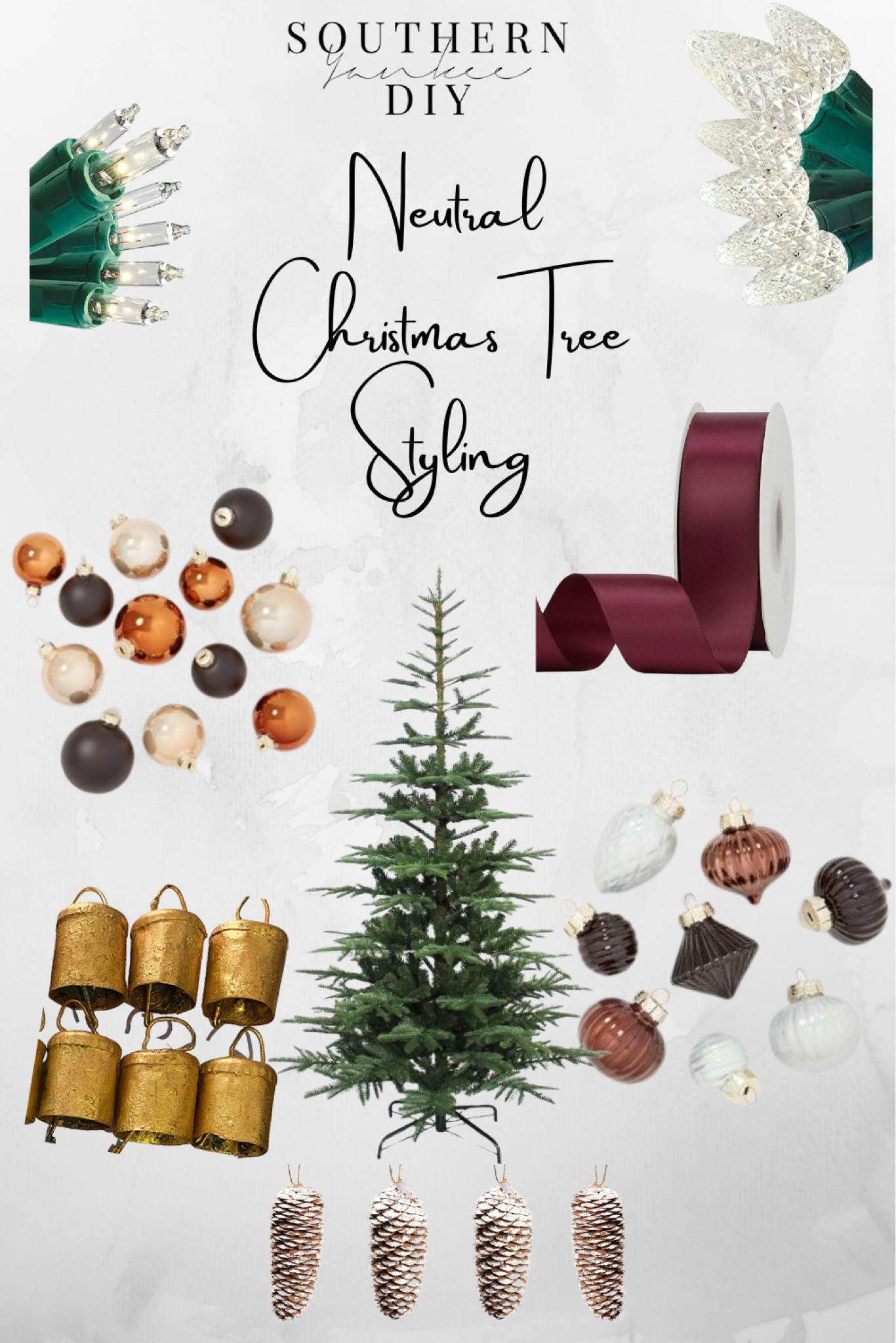 Neutral Christmas Tree Styling: neutral ornaments, glam Christmas tree, Christmas ribbon, bronze ornaments, Christmas bells, Christmas tree lights, burgundy ribbon, antique ornaments, vintage Christmas, 

#LTKstyletip #LTKSeasonal #LTKHoliday