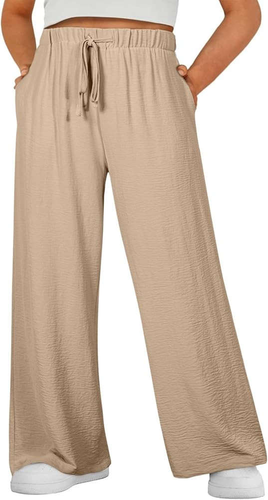 Eytino Womens Plus Size Pants Summer Elastic High Waist Drawstring Casual Loose Wide Leg Trousers... | Amazon (US)