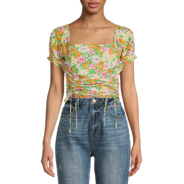 Derek Heart Juniors' Front Double Ruched Puff Sleeve Top | Walmart (US)