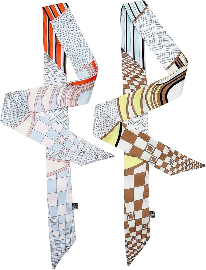 2 Pack Silk Purse Scarf For Handbags Head Hair Ribbon Fashion Skinny Scarf For Women Long Neckerc... | Amazon (US)