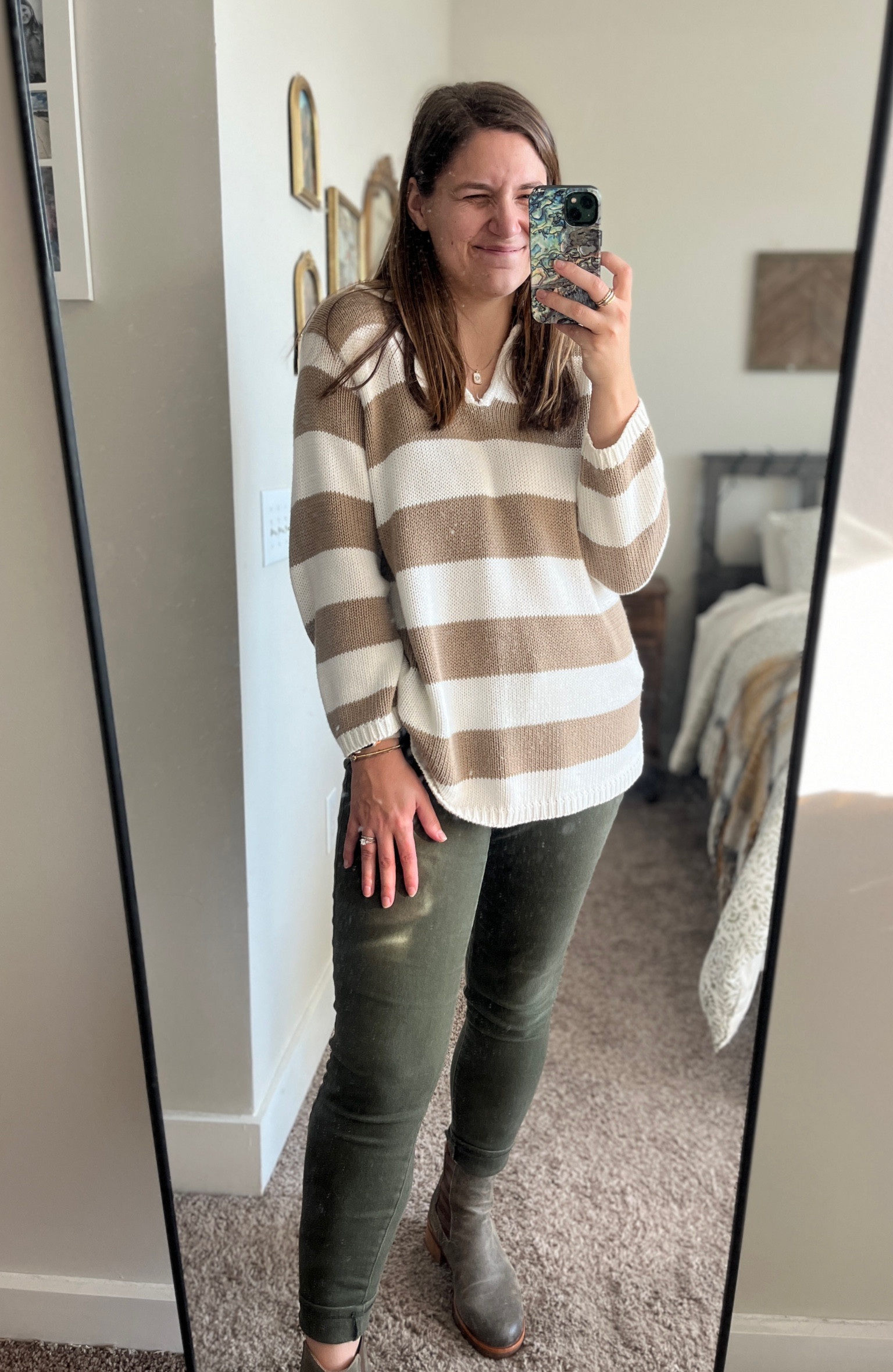 Fall outfit inspo | chunky vintage collared sweater + colored olive green denim + ankle boots by Kork-ease 🫶🏼

#LTKMidsize #LTKSeasonal