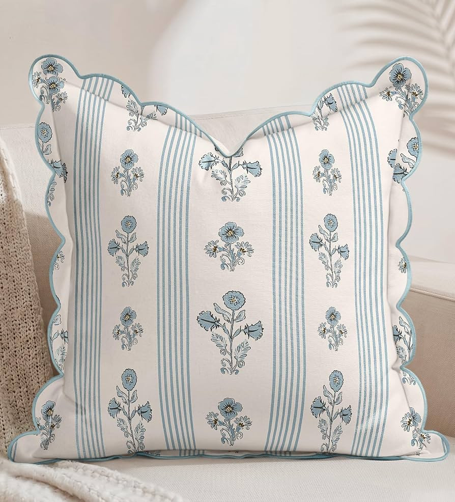 Scalloped Throw Pillow Cover 18x18 Inch - Decorative Blue Pillow Cover Cottagecore Cushion Case w... | Amazon (US)