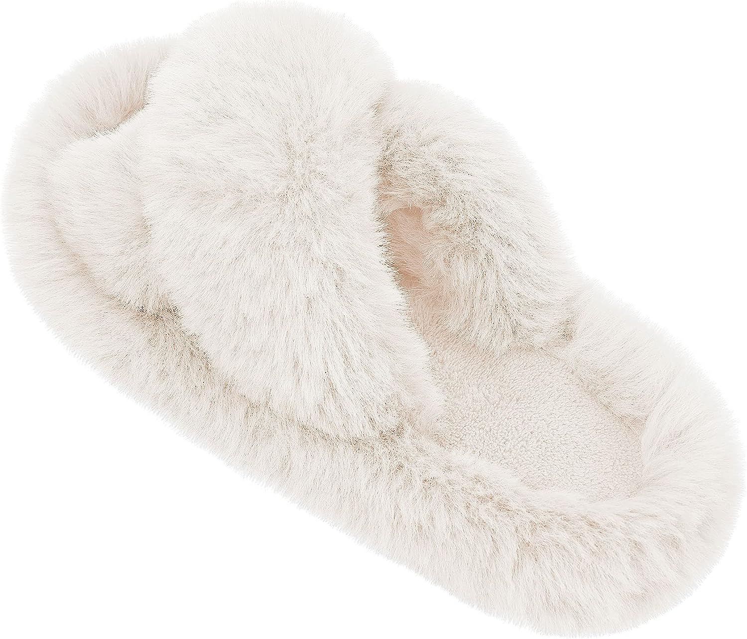 "On Cloud" Fuzzy Slippers/Soft Cozy Plush Slippers/Cross Band Open Toe House Slippers/Faux Rabbit... | Amazon (US)