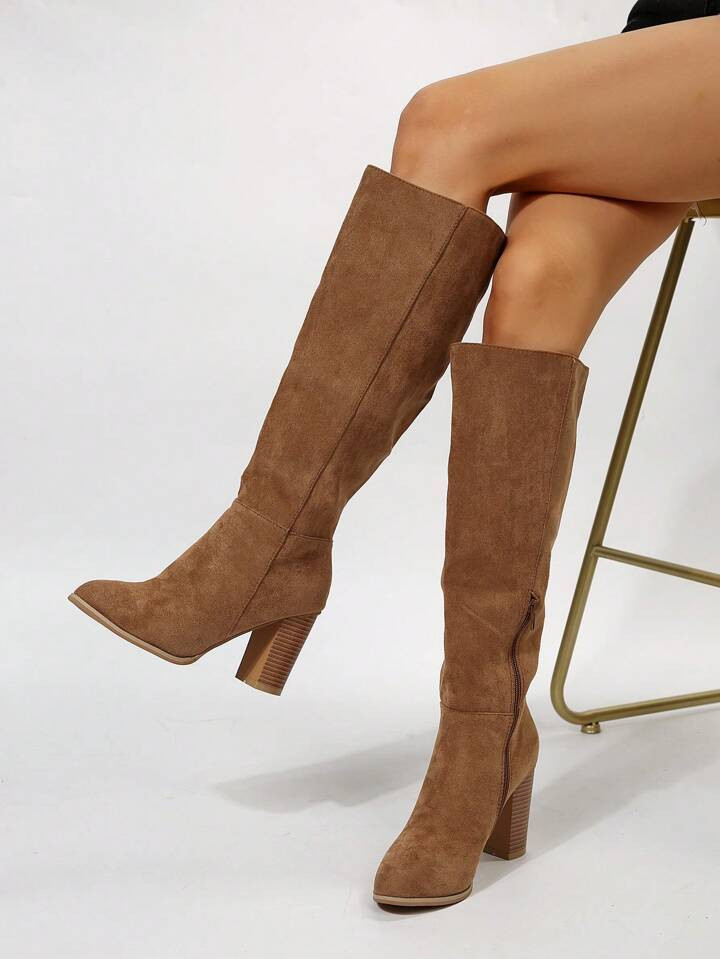 2024 Fall/Winter Plus Size Export Faux Suede Thick Heel Pointed Toe Side Zipper Solid Color Knee-... | SHEIN