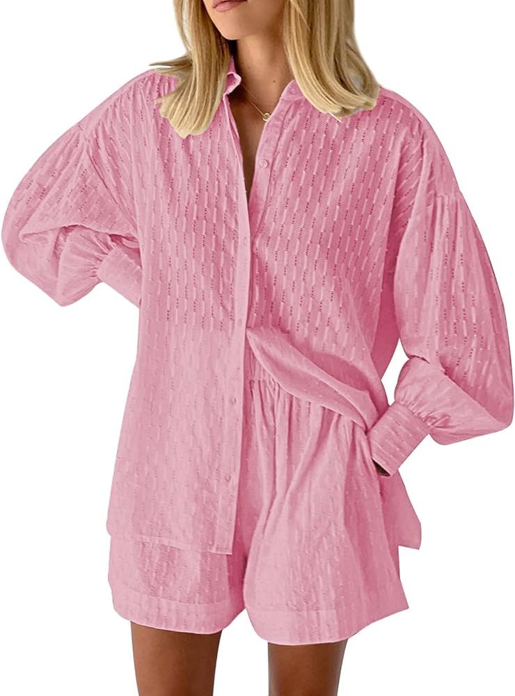 HAPCOPE Women's 2 Piece Outfits Oversized Long Puff Sleeve Blouse Shirt High Waisted Side Pocket Sho | Amazon (US)