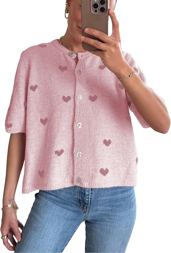 Springrain Womens Lightweight Short Sleeve Cardigan Button down Cropped Cute Heart Sweaters Knitw... | Amazon (US)